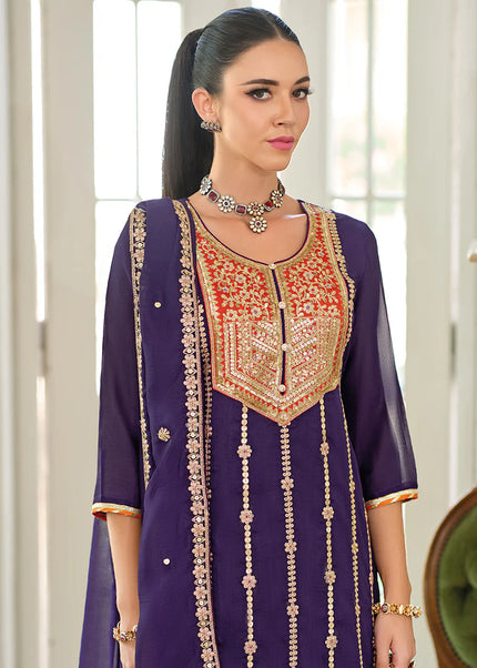 Purple Embroidered Sharara Suit