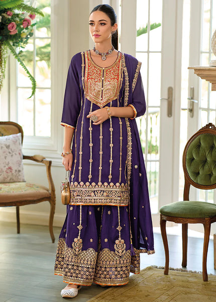 Purple Embroidered Sharara Suit