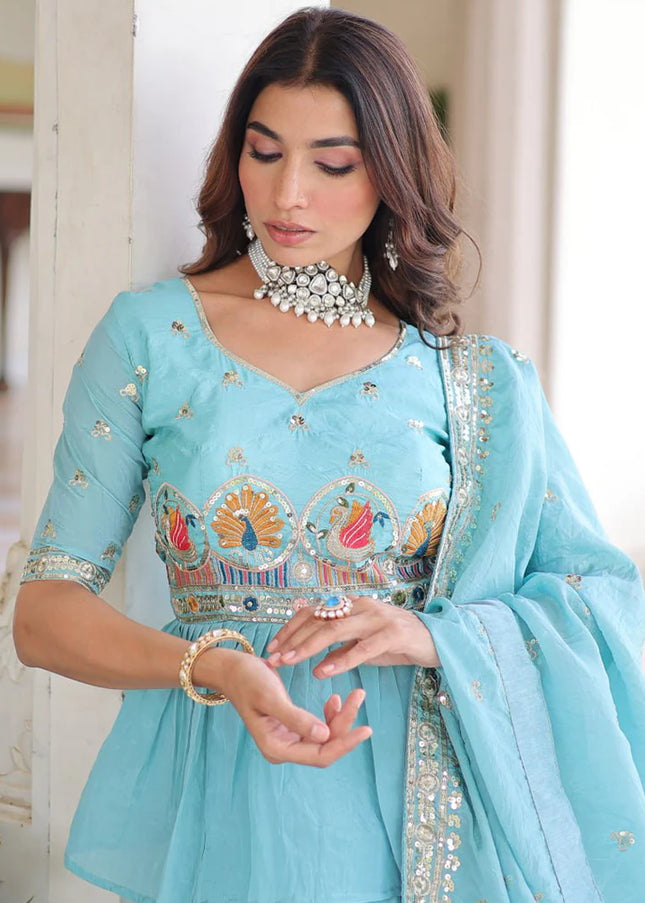 Sky Blue Embroidered Lehenga Suit