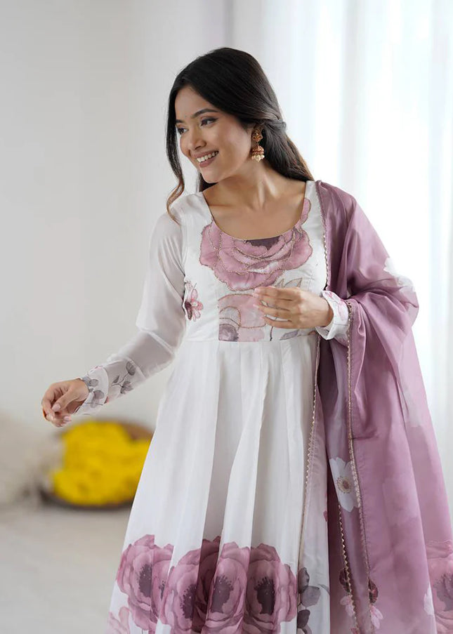 Offwhite and Purple Floral Printed Anarkali Suit