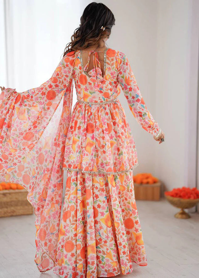 Orange Floral Printed and Embroidered Sharara Suit
