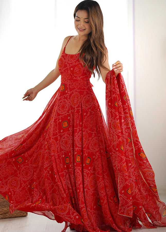 Red Bandhej Anarkali Gown