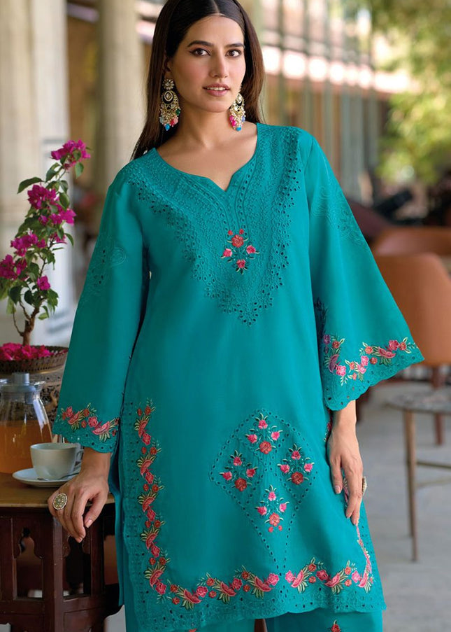 Blue Embroidered Pant Style Suit