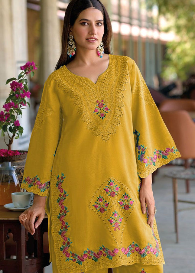 Mustard Yellow Embroidered Pant Style Suit
