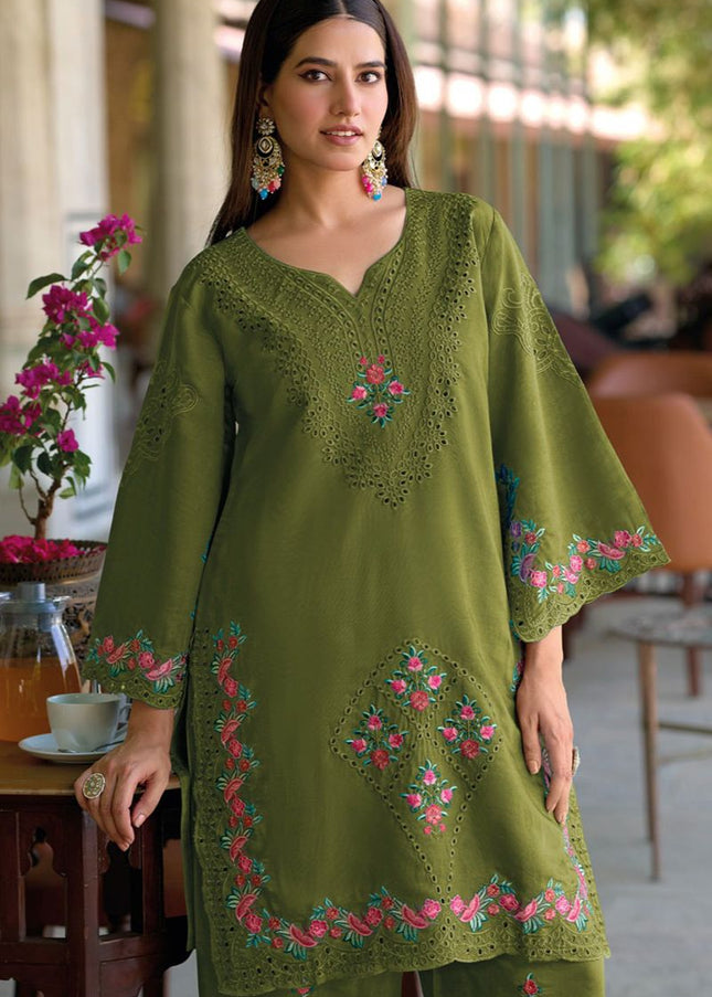 Green Embroidered Pant Style Suit