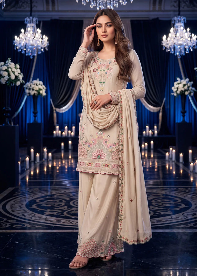 Beige Embroidered Sharara Suit