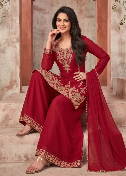 Red Embroidered Sharara Suit