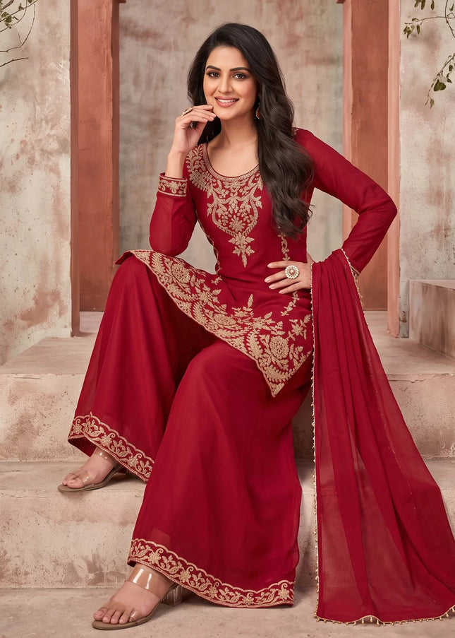 Red Embroidered Sharara Suit