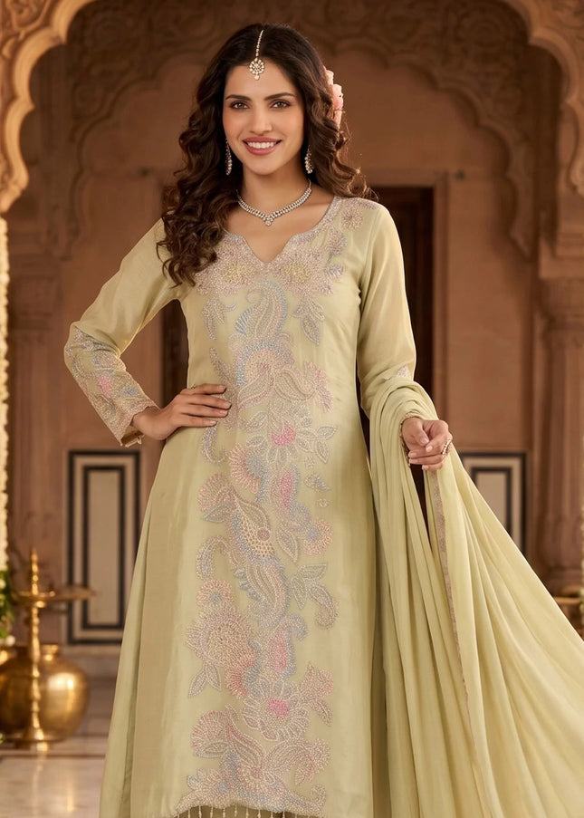 Sea Green Embroidered Pant Style Suit