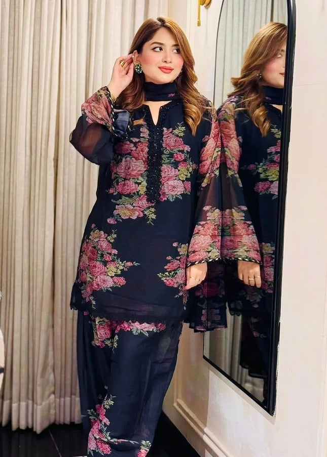 Black Floral Printed Pant Style Suit