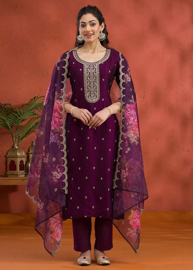 Purple Embroidered Pant Suit