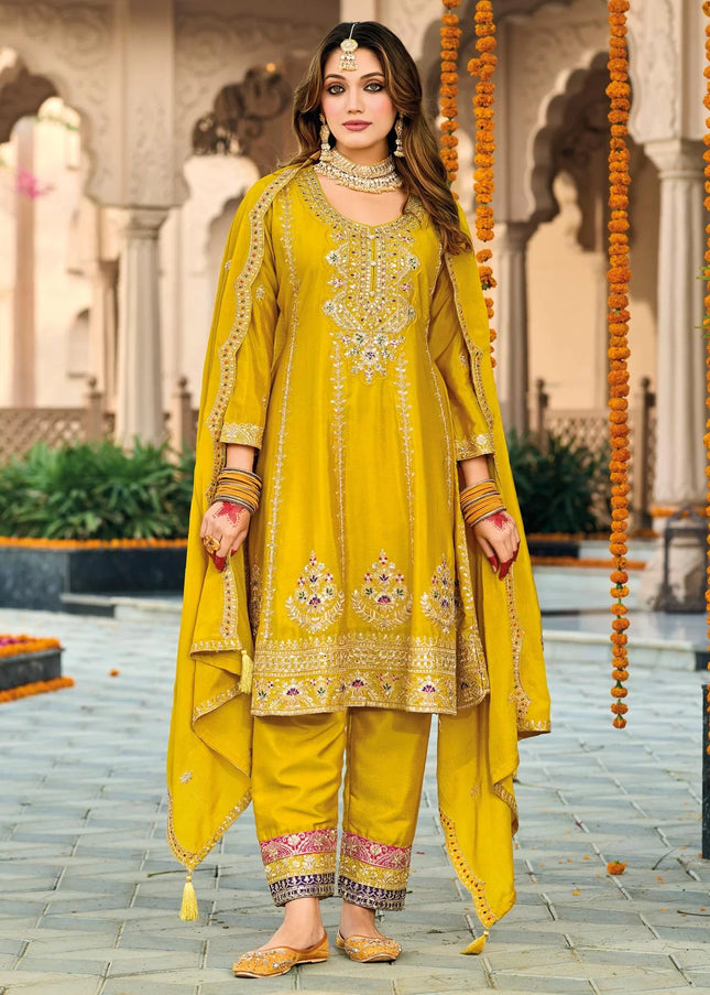 Yellow Embroidered Pant Style Suit