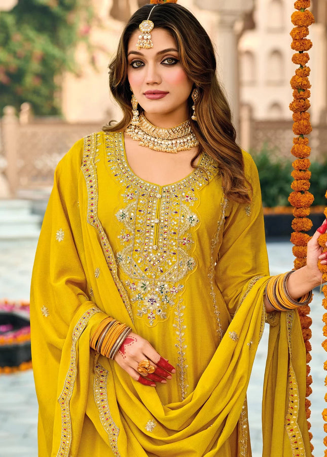 Yellow Embroidered Pant Style Suit
