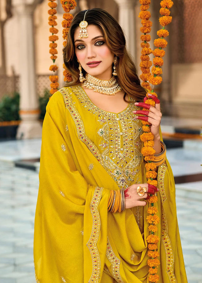 Yellow Embroidered Pant Style Suit