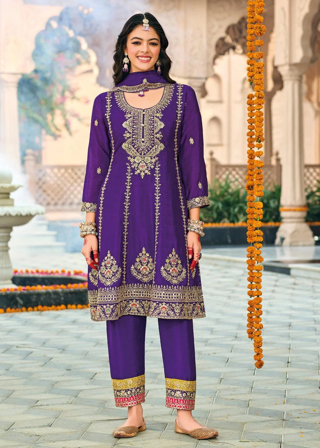 Purple Embroidered Pant Style Suit