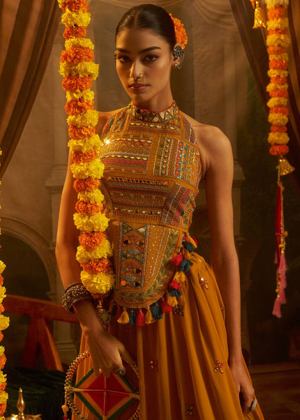 Mustard Embroidered Sharara Suit