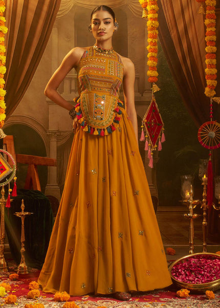 Mustard Embroidered Sharara Suit