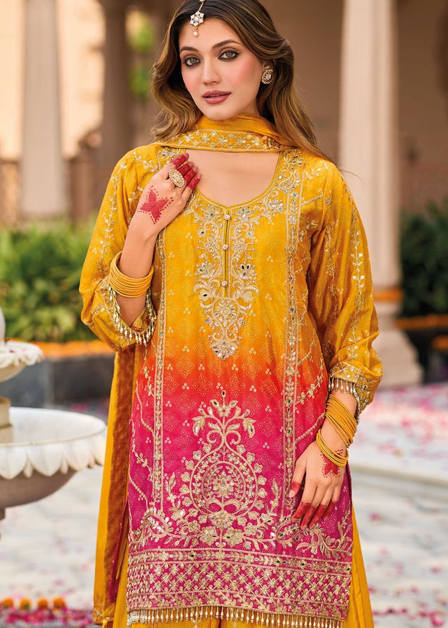 Yellow Embroidered Sharara Suit