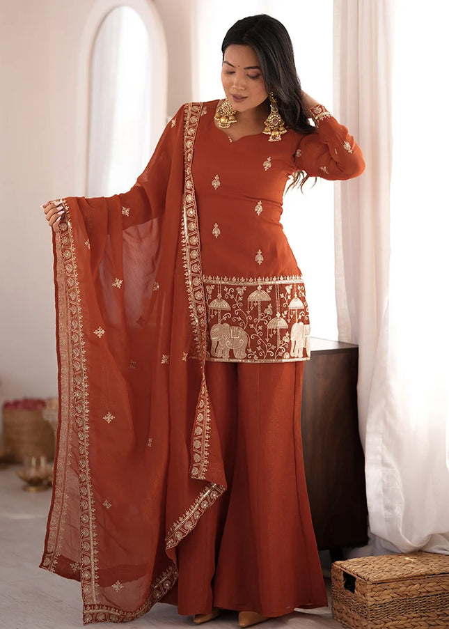 Rust Orange Embroidered Palazzo Suit
