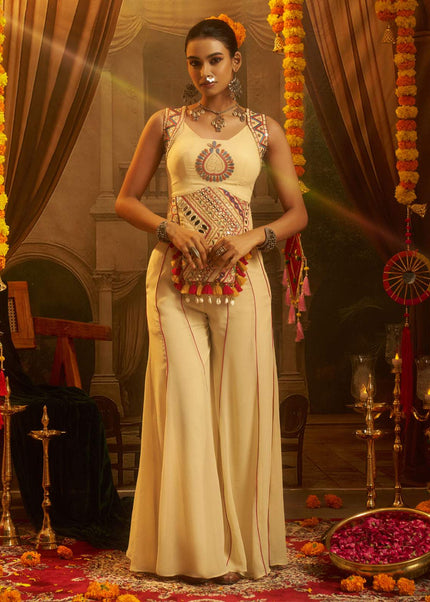 Cream Embroidered Sharara Suit