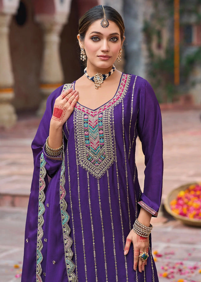 Purple Embroidered Sharara Suit