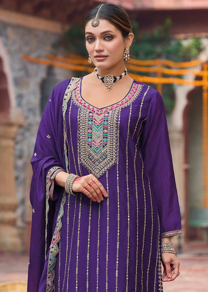 Purple Embroidered Sharara Suit