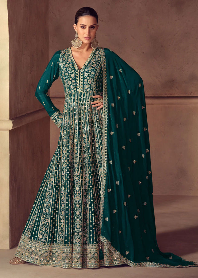 Teal Embroidered Anarkali Gown