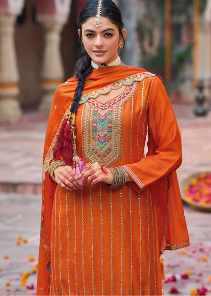 Orange Embroidered Sharara Suit