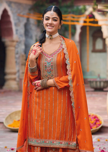 Orange Embroidered Sharara Suit