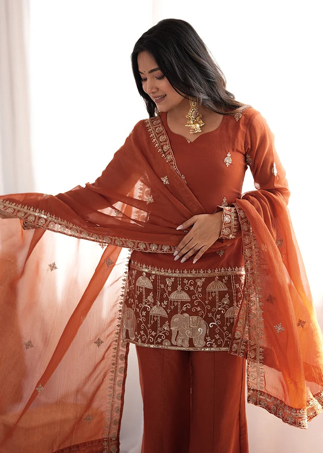 Rust Orange Embroidered Palazzo Suit