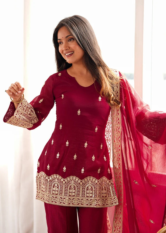 Maroon Embroidered Palazzo Suit