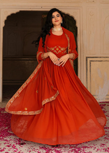 Orange Embroidered Anarkali Gown
