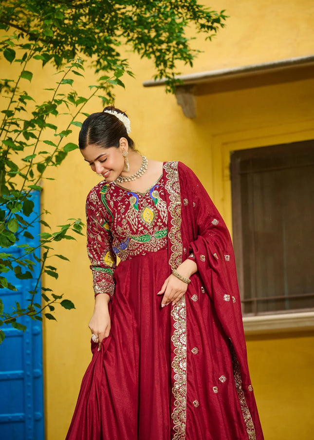 Maroon Embroidered Anarkali Gown
