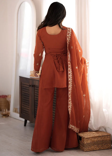 Rust Orange Embroidered Palazzo Suit