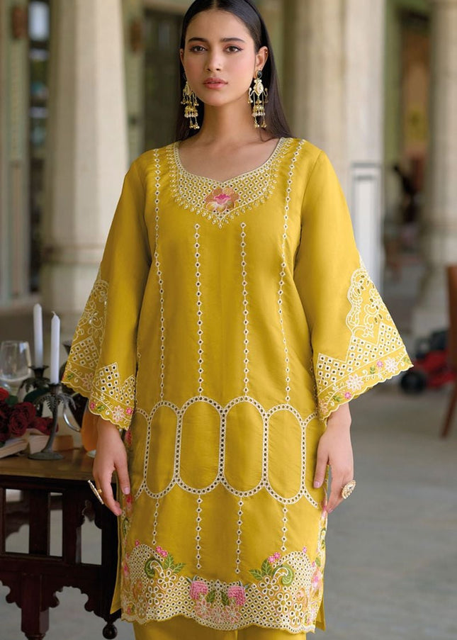 Mustard Yellow Embroidered Pant Style Suit