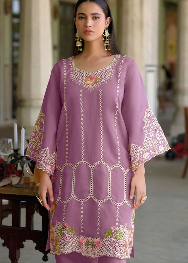 Mauve Embroidered Pant Style Suit