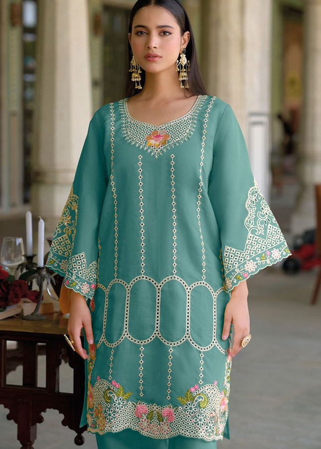 Teal Embroidered Pant Style Suit