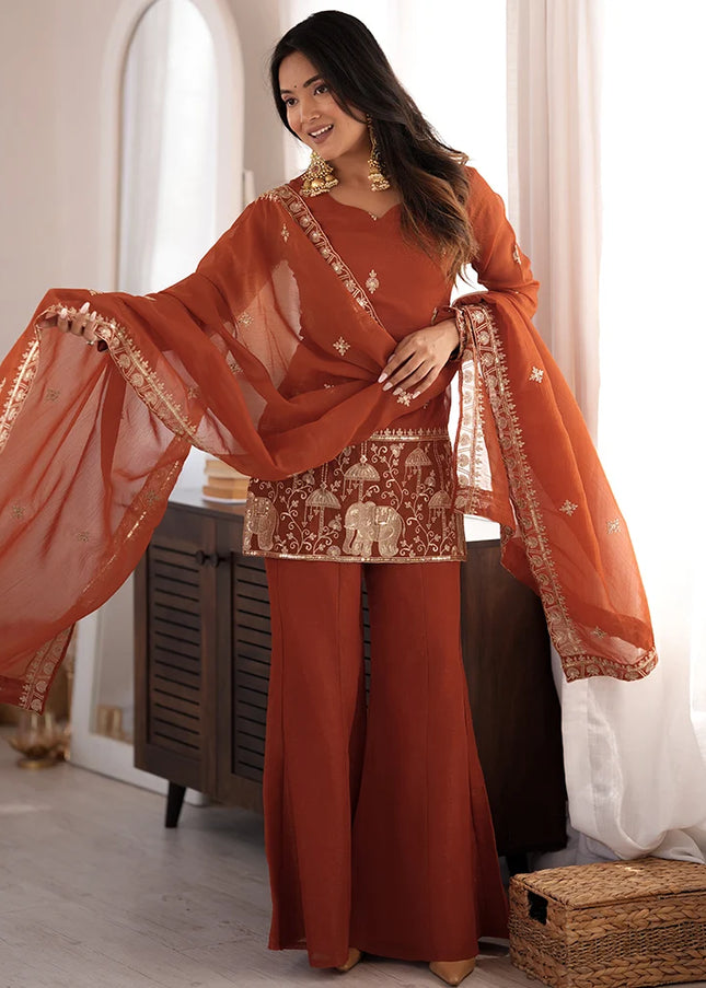 Rust Orange Embroidered Palazzo Suit
