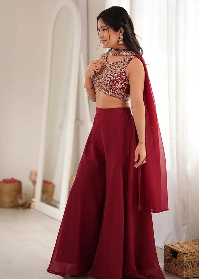 Maroon Embroidered Sharara Suit