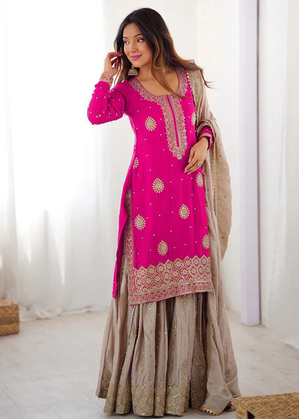 Pink and Mauve Embroidered Sharara Suit