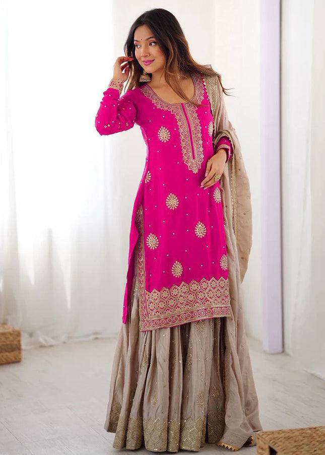 Pink and Mauve Embroidered Sharara Suit