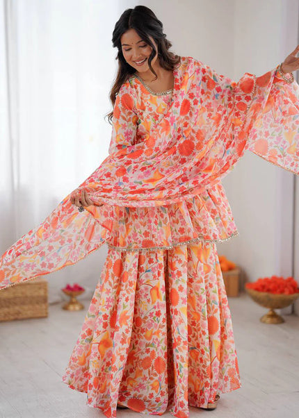 Orange Floral Printed and Embroidered Sharara Suit
