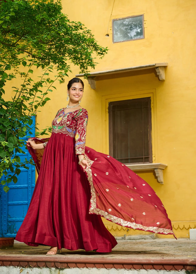 Maroon Embroidered Anarkali Gown