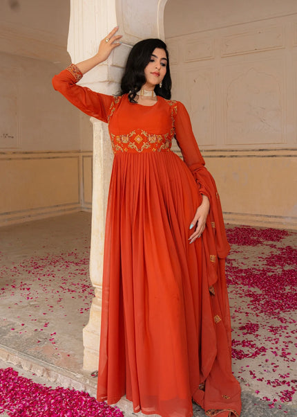 Orange Embroidered Anarkali Gown