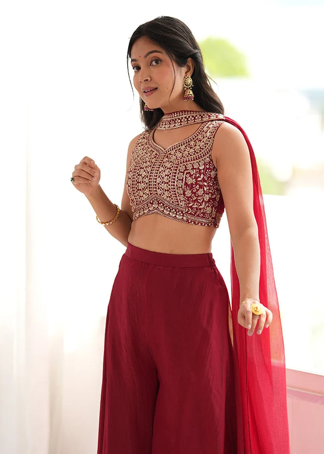 Maroon Embroidered Sharara Suit