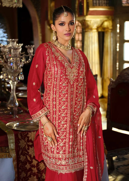 Red Embroidered Palazzo Suit