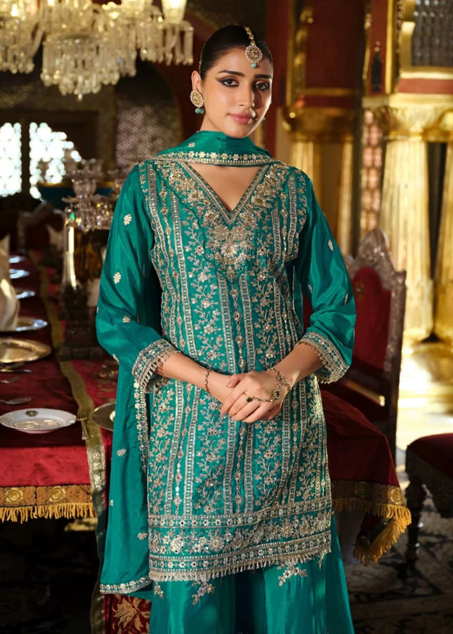 Teal Embroidered Palazzo Suit