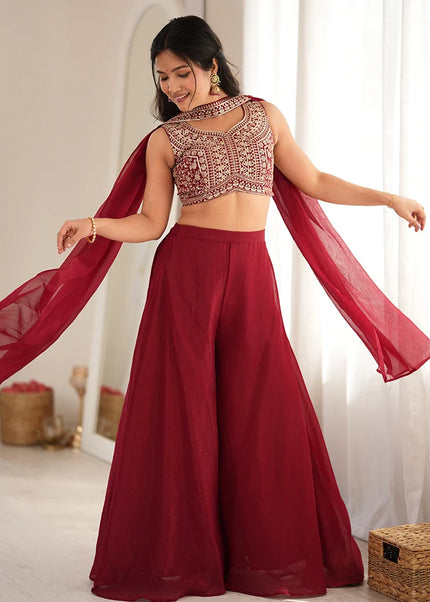 Maroon Embroidered Sharara Suit