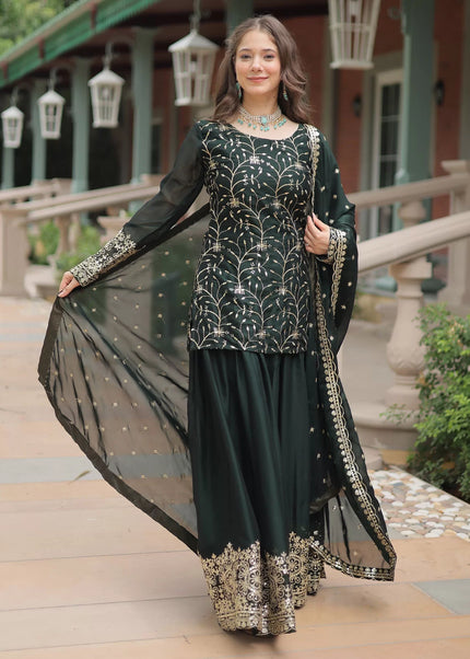 Dark Green Embroidered Sharara Suit