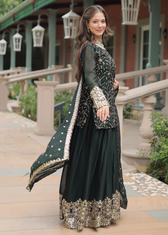 Dark Green Embroidered Sharara Suit